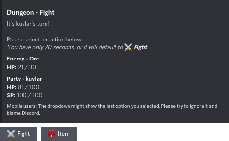 Screenshot of a message, showing a fight state, through c!fightboss